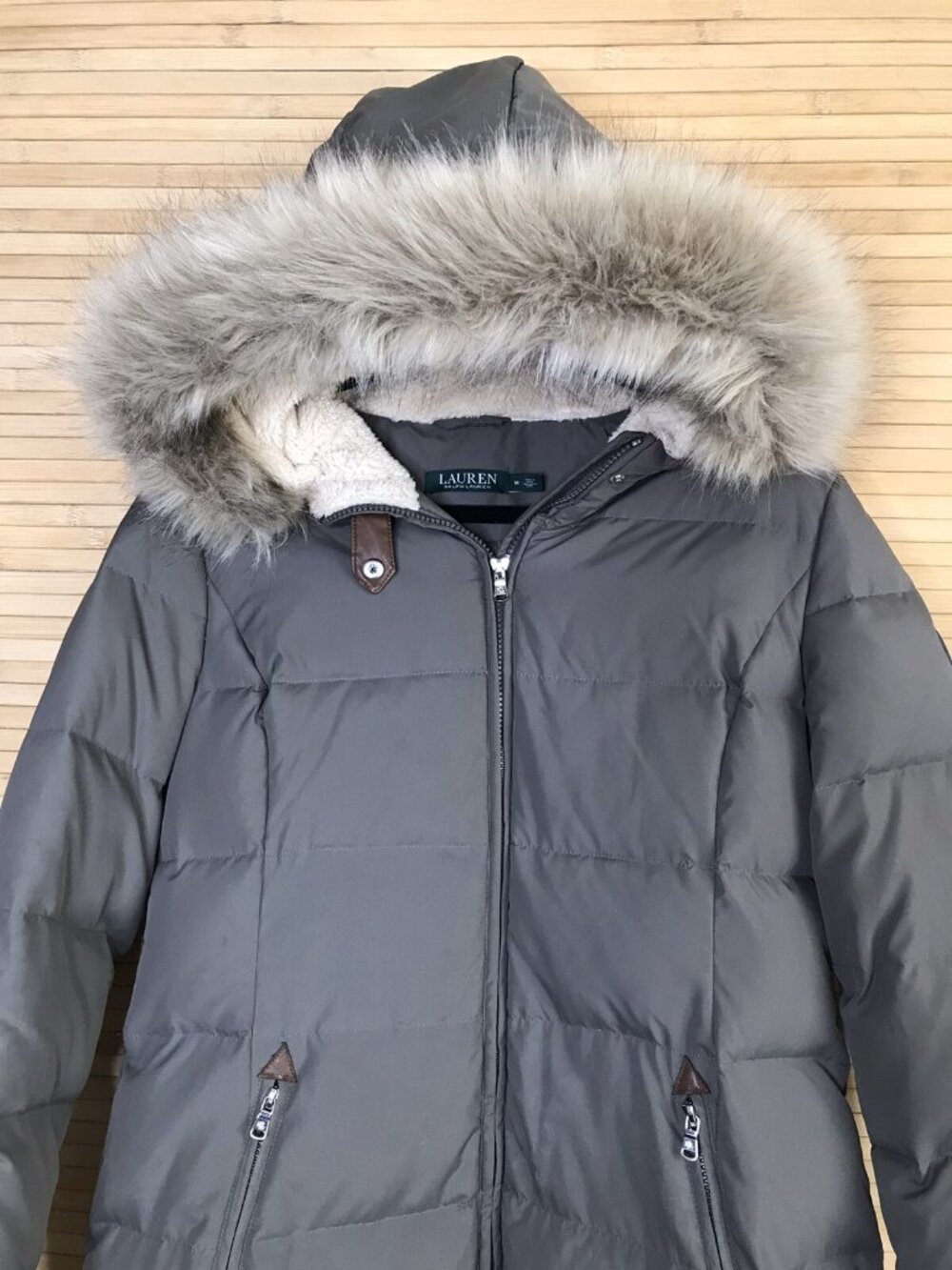 Lauren Ralph Lauren Olive green Faux Fur Trim Quilted Down Coat Long Jacket Sz M - Picture 2 of 11